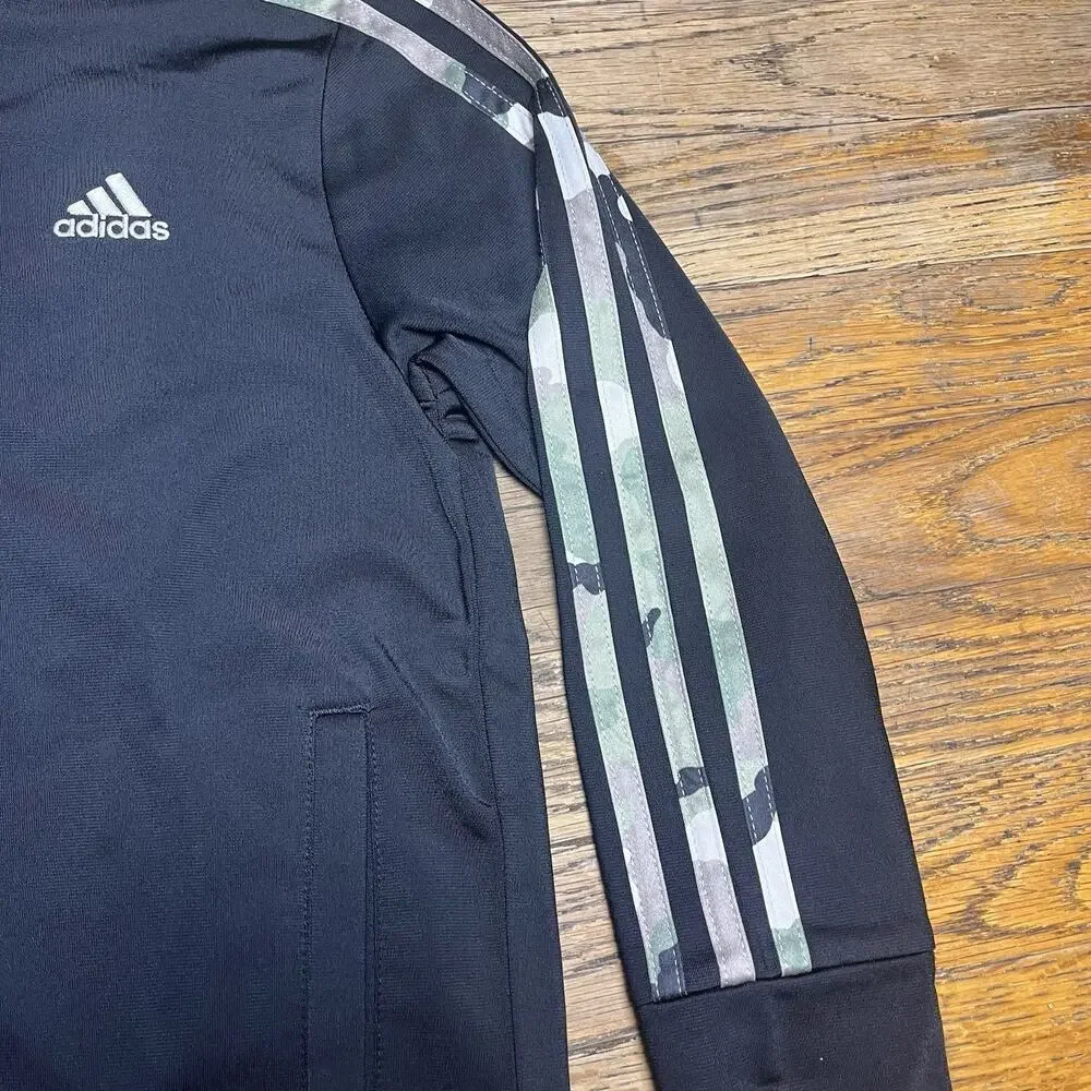 Adidas Boys Track Jacket Size 6 Zip Up Black Camo Blue White 3 Stripes Logo Kids